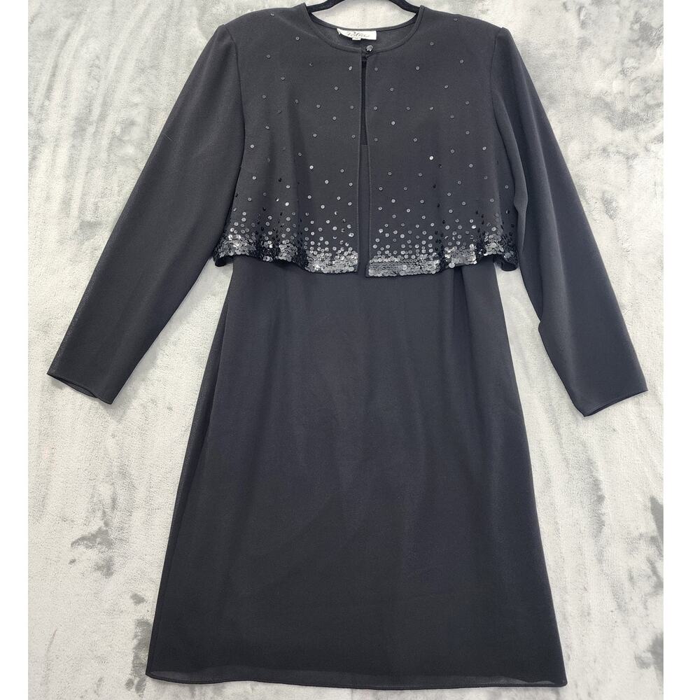 Vintage Patra Dress Womens M Black Chiffon Slip Sheer Sequin Crop Jacket Set